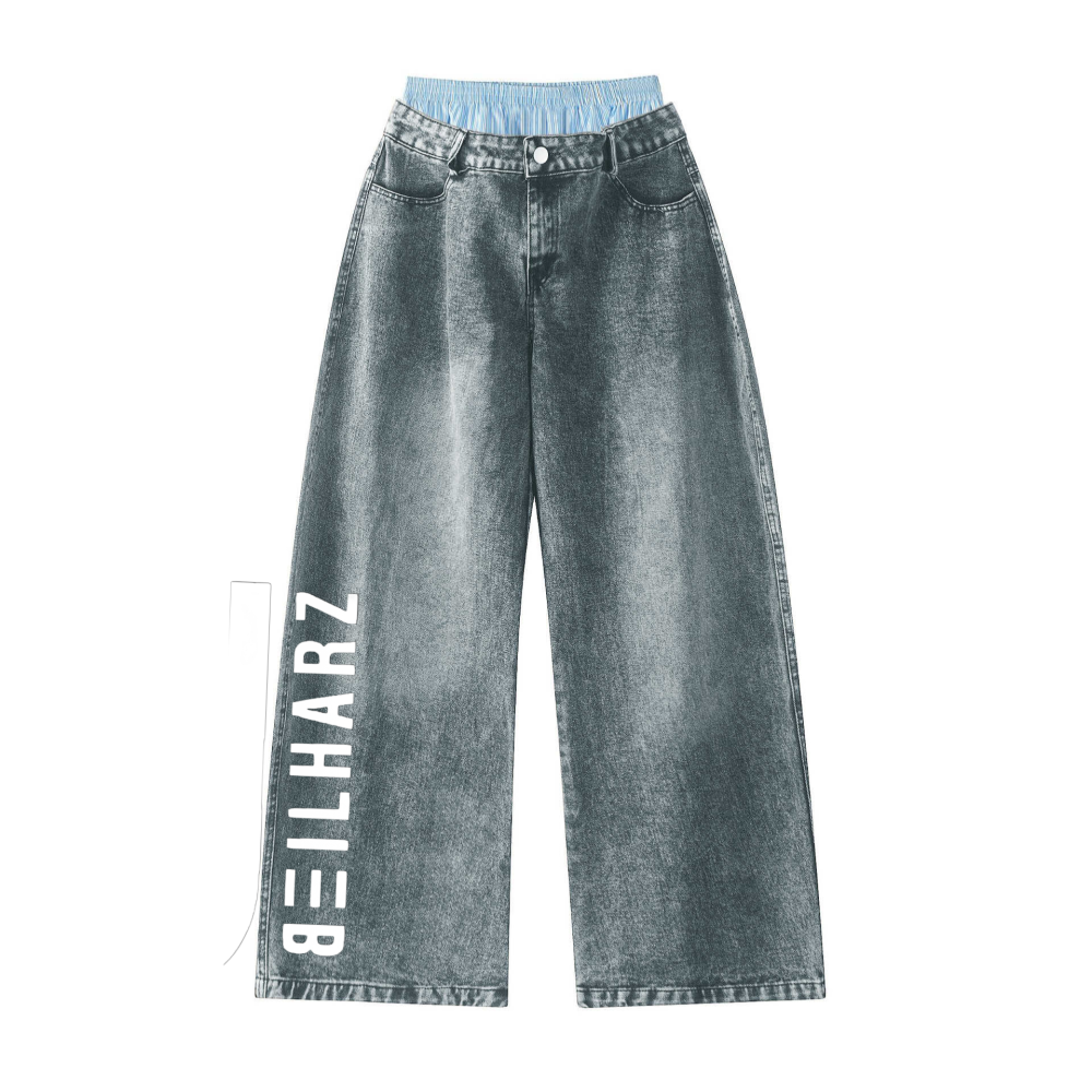 Unisex Double Waist Design Wide Leg Jeans